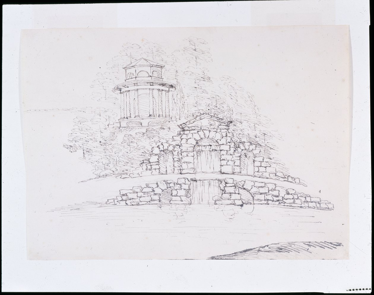 Chiswick, sziklaszó-kaszkád tervezése nyolcszögletű dór templommal a teraszon (toll és tinta ceruza fölött papíron) alkotó: William Kent