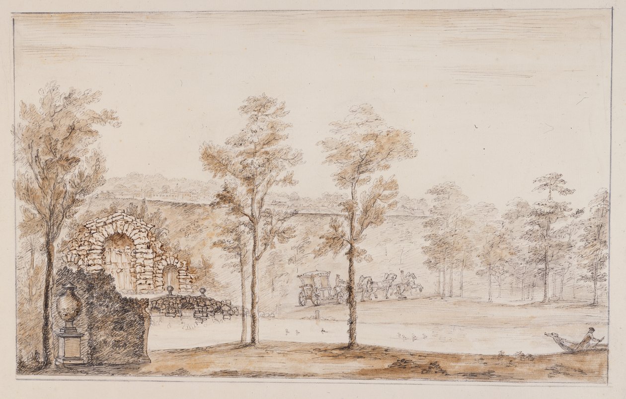 Chiswick, rusztikus vízeséshez és teraszhoz állított híd (toll és tinta, valamint papíron átmosható ceruza) alkotó: William Kent