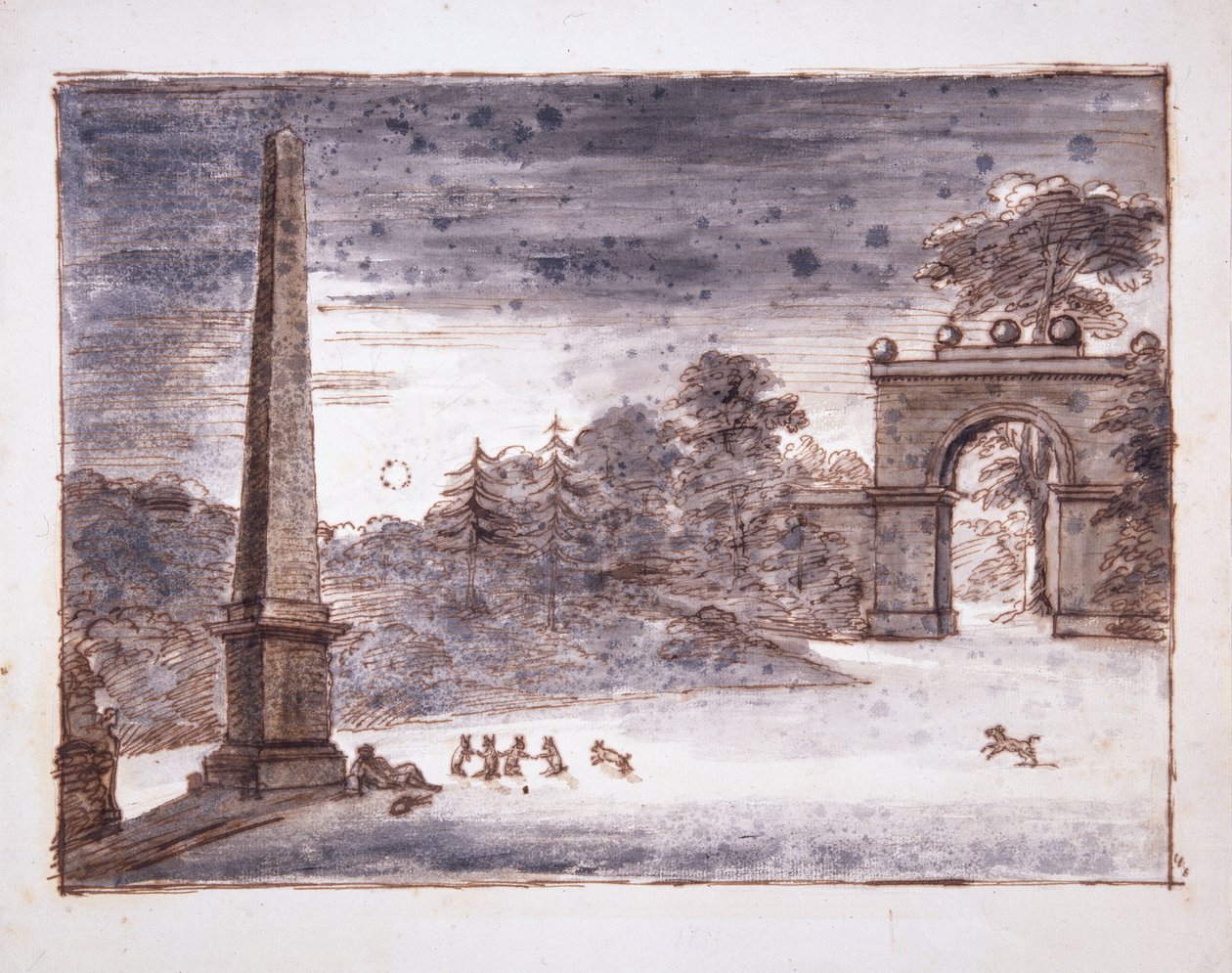 Chiswick, a Burlington Lane Gate és az obeliszk a holdfényben Kenttel az obeliszk mellett ülve álmodozva, játékban lévő nyulakkal, 1732 körül (toll, tinta és mosás papíron) alkotó: William Kent