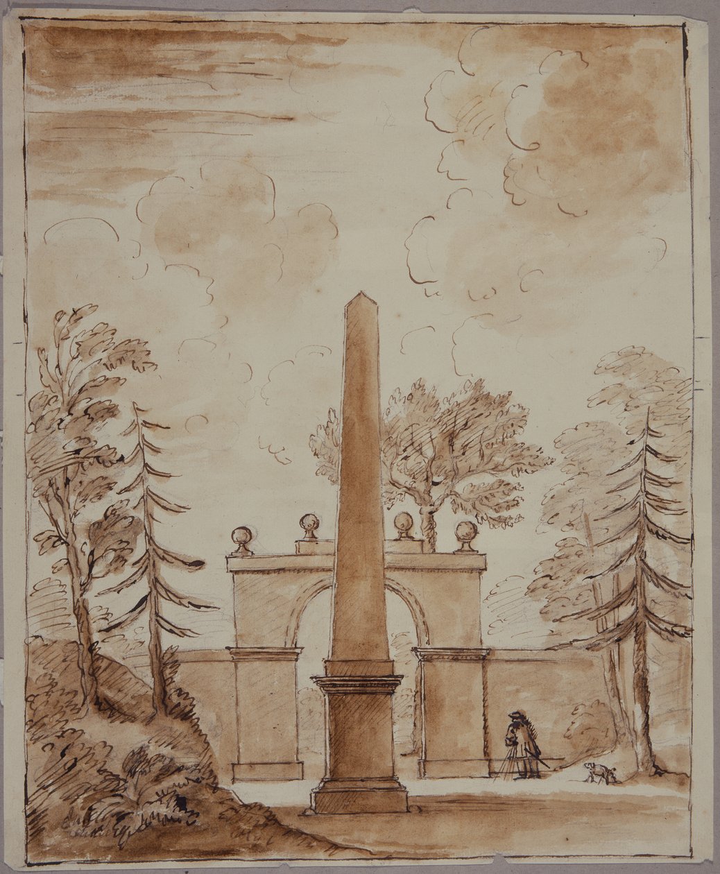 Chiswick, kilátás a Burlington Lane Gate-re, az obeliszkre az előtérben és Kent kutyával (toll, tinta és mosás papíron) alkotó: William Kent