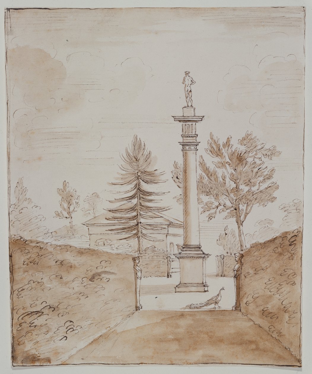 Chiswick, kilátás a dór oszlopra a Vénusz de Medici szoborral, és egy pillantás a szarvasház oldalára (toll és tinta papíron) alkotó: William Kent