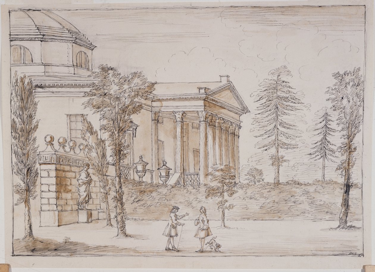 Chiswick, kilátás a villára a Palladio szobor felőli oldalon (toll és tinta, valamint ceruza mosása papíron) alkotó: William Kent