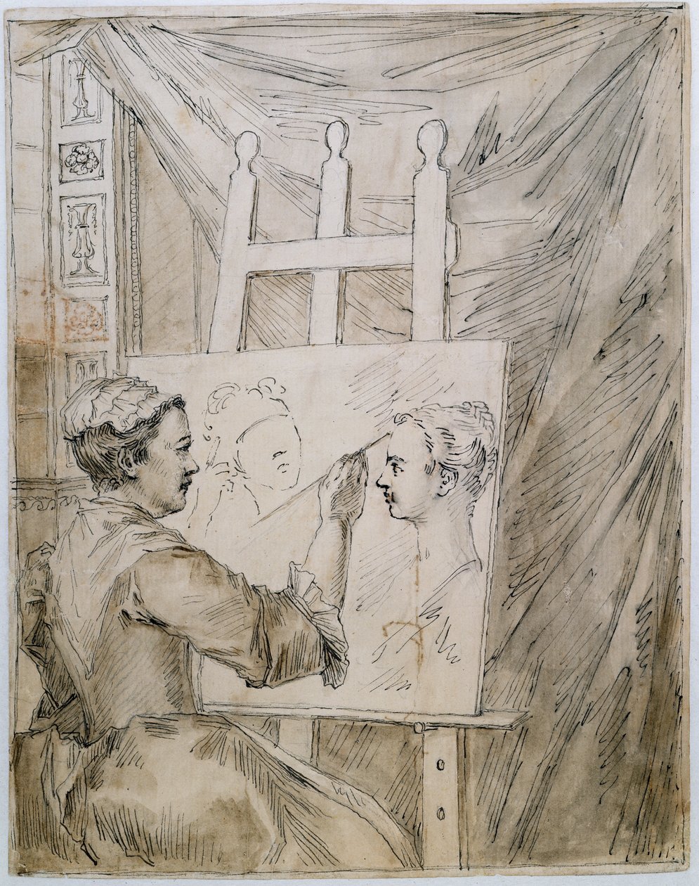 Lady Burlington a festőállványánál a kerti szobájában (toll, tinta és ceruza papíron) alkotó: William Kent