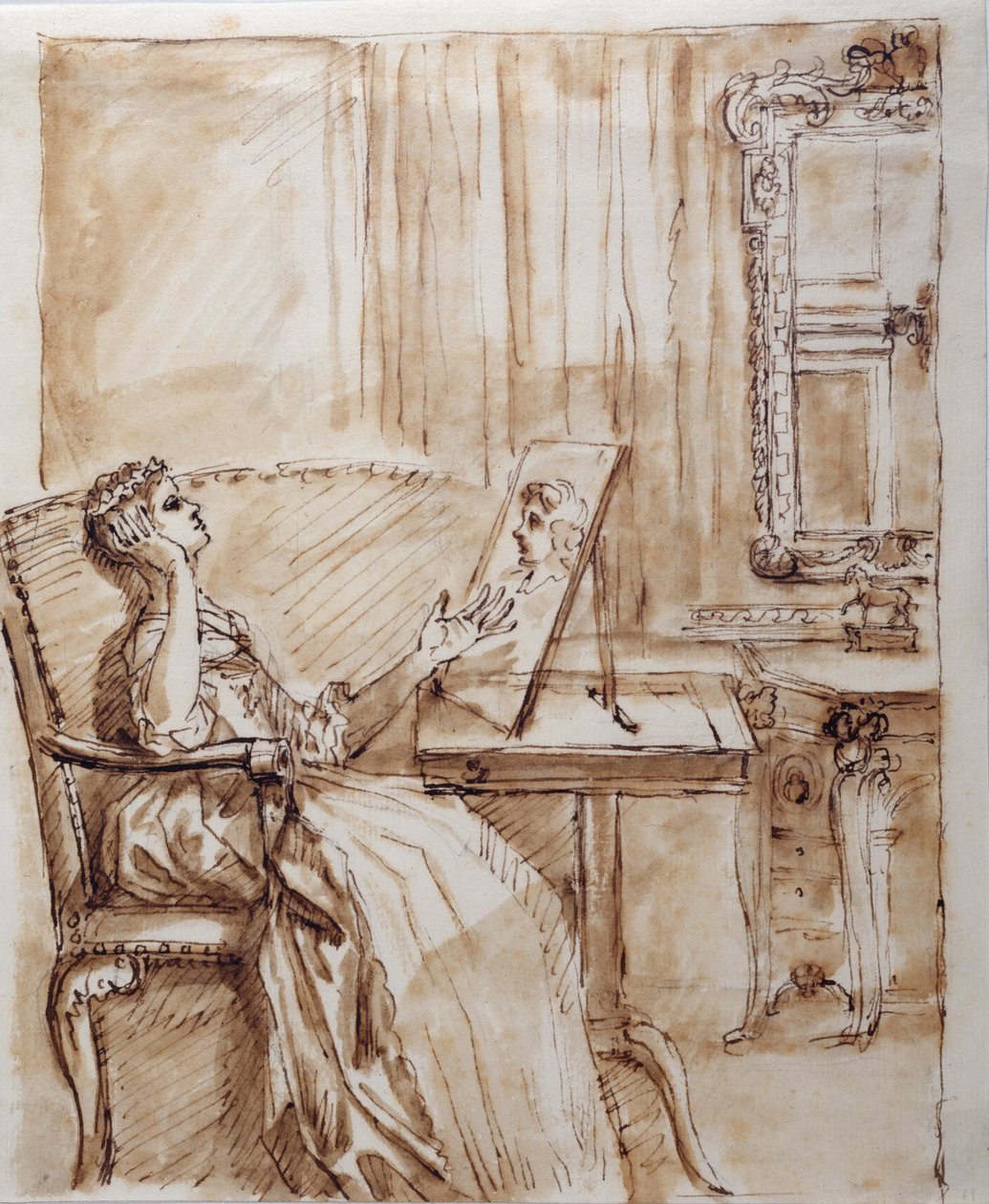 Lady Burlington a kerti szobájában ül, és egy öreg mester (?) rajzában gyönyörködik (toll és tinta papíron) alkotó: William Kent