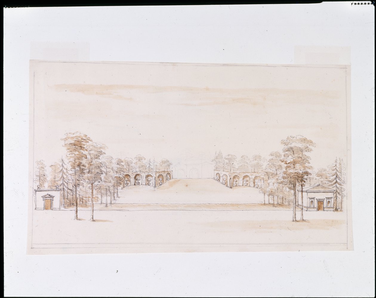 Perspektivikus dizájn egy új Orangery számára (toll és tinta, valamint ceruza átmosása papíron) alkotó: William Kent