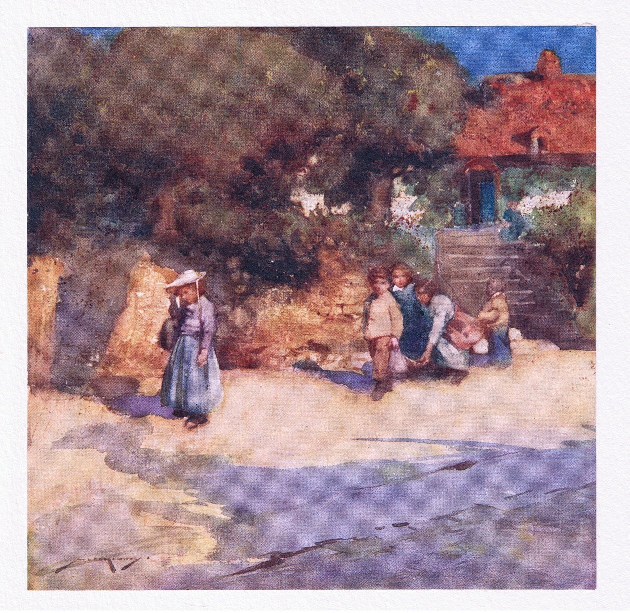 A játékos gyerekek éppen kiszabadultak az iskolából (színes litó) alkotó: William Lee Hankey