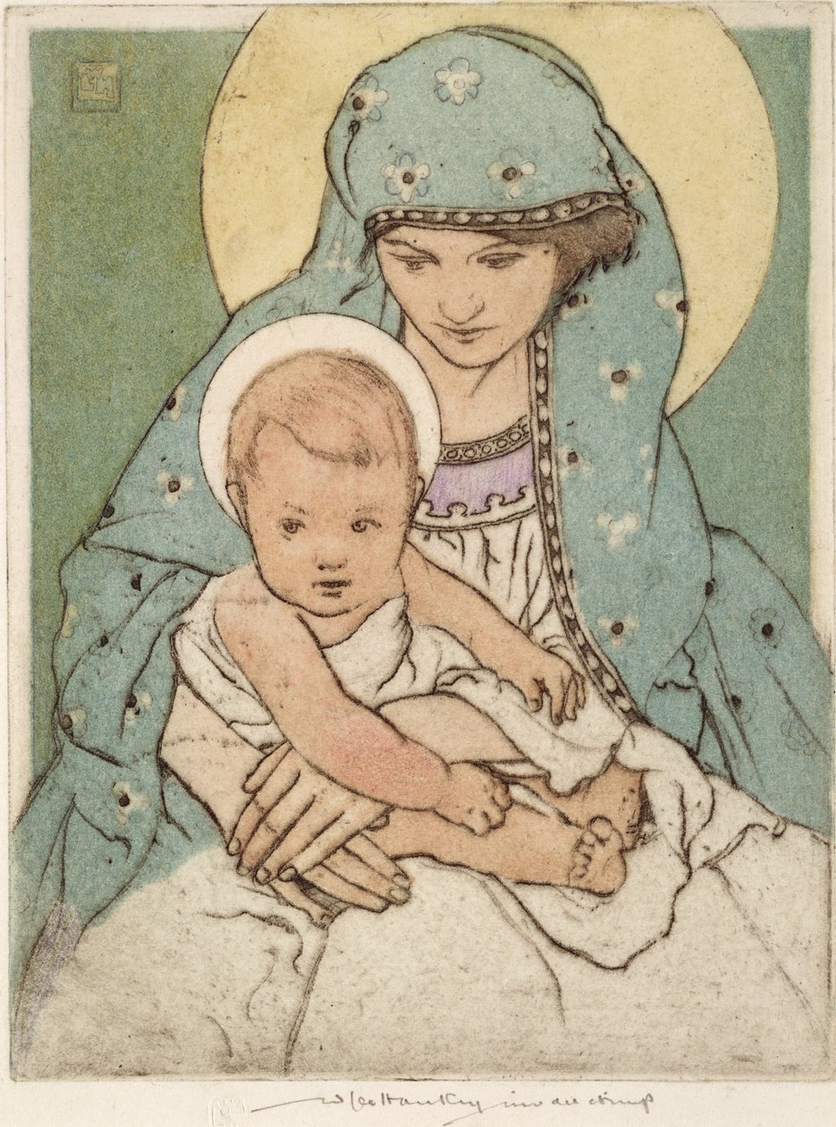 Szűz Mária a csecsemő Krisztussal (kézzel színezett szárazhegy) alkotó: William Lee Hankey
