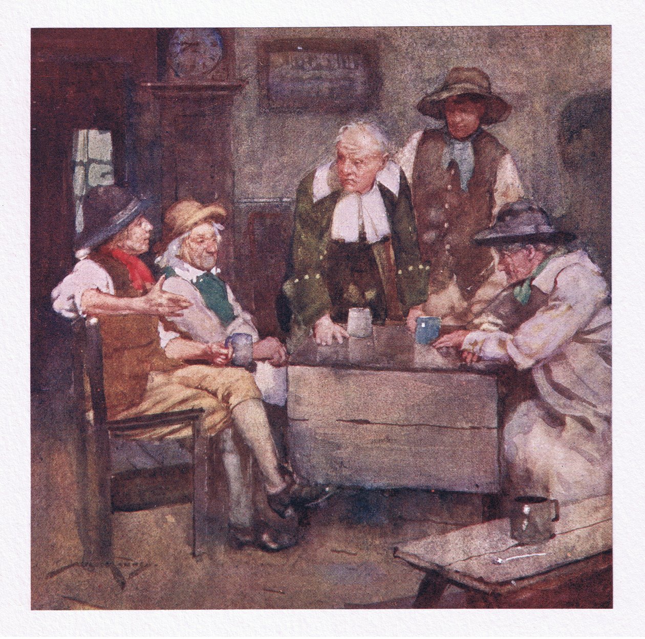 Ahol a falusi államférfiak elmélyülten beszélgettek, és az övéknél sokkal régebbi hírek keringtek (színes litho) alkotó: William Lee Hankey
