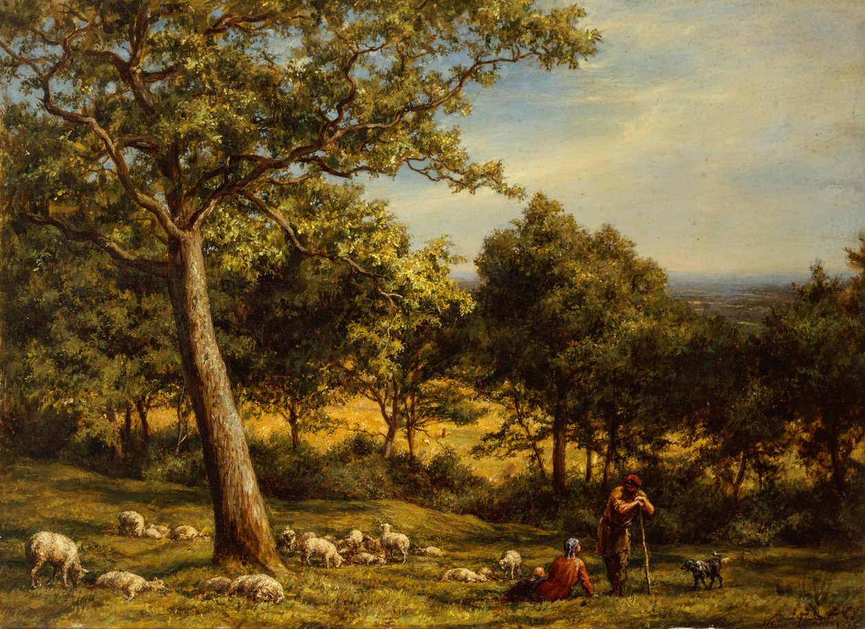 Pásztor és nyája napsütötte erdős tájon alkotó: William Linnell