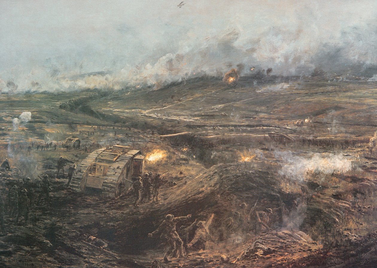 „Hajnal, 1917. november 20.” – Brit tankok hadba vonulnak a franciaországi Cambrainál alkotó: William Lionel (after) Wyllie