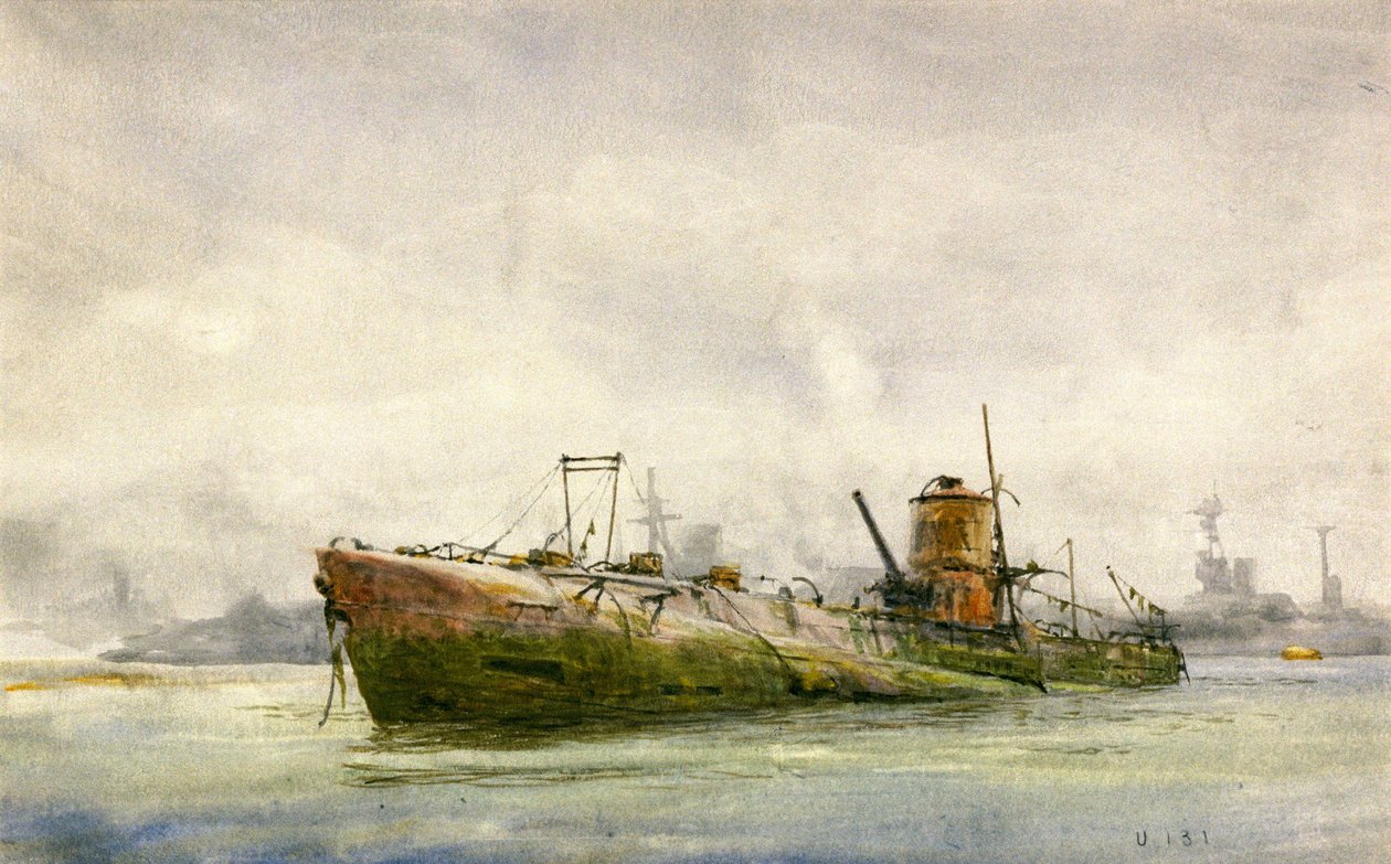 Meghódolt és partra vetett tengeralattjáró, Portsmouth alkotó: William Lionel Wyllie