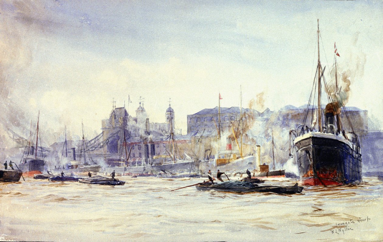 Tevékenységi jelenet a Temzén (Anglia), az Irongate Quay mentén, a távolban a Tower híddal. alkotó: William Lionel Wyllie
