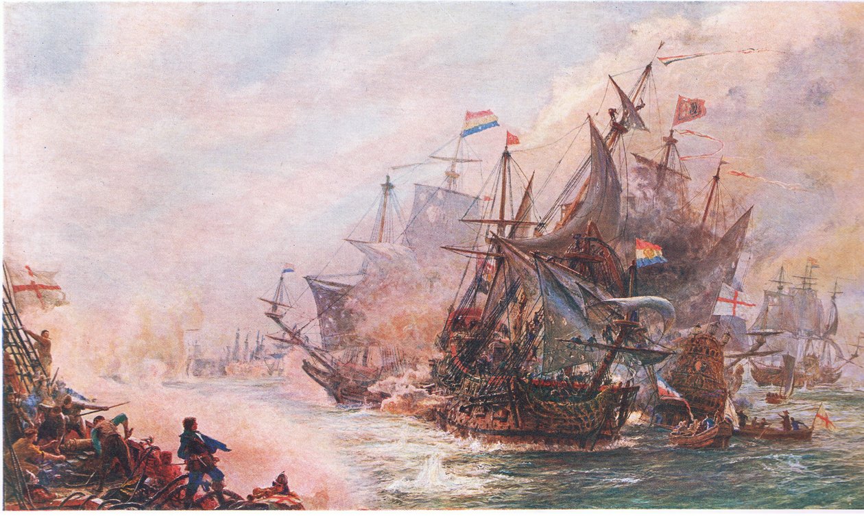 Blakes háromnapos eljegyzése Von Tromp-pal, a Cassells History of the British People-ből, amelyet a Waverley Book Company Limited adott ki, 1940 körül alkotó: William Lionel Wyllie