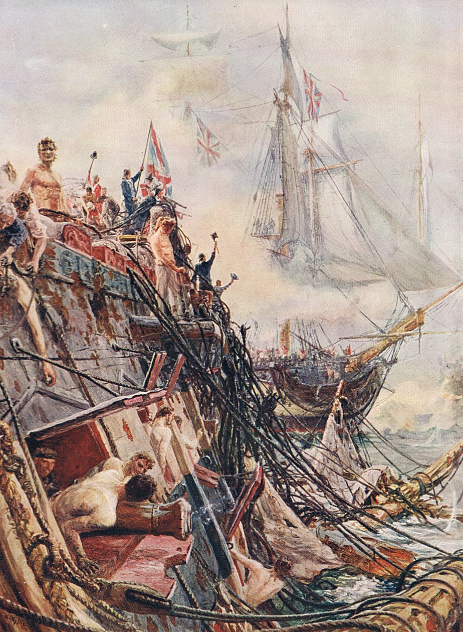 Megrokkant, de legyőzhetetlen: a Belleisle Trafalgarban 1805. október 21-én, illusztráció a "British Battles on Land and Sea" című könyvből, kiadta a Cassell, London, 1910 körül. alkotó: William Lionel Wyllie
