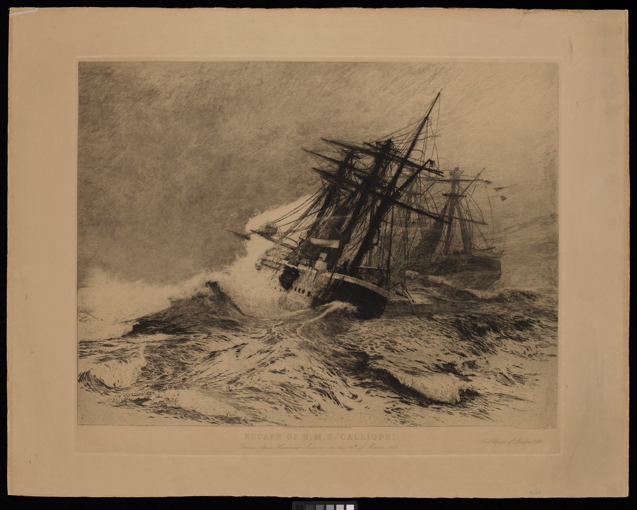 A H.M.S. Calliope szökése Apia kikötőjéből Szamoán, 1889. március 16-án (metszet) alkotó: William Lionel Wyllie
