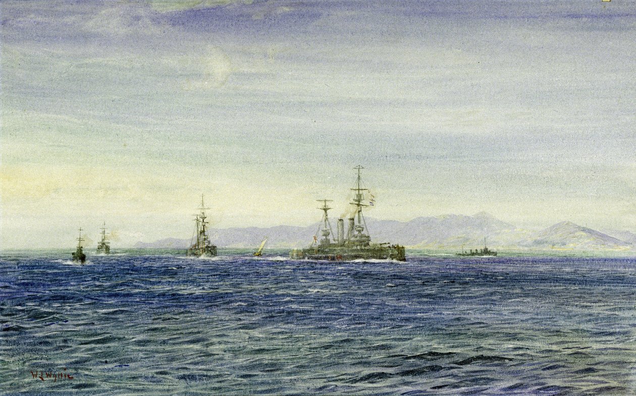HMS "Albemarle", a Firth of Moray (Skócia), az Északi-tenger háromszög alakú bejáratánál, ez a hadihajó az első világháború alatt a Csatorna flotta járőrhajójaként szolgált, majd jégtörőként segítette az Archangel-t 1916-ban. alkotó: William Lionel Wyllie
