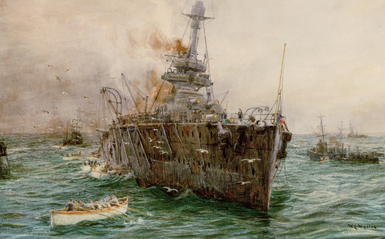 A HMS "Audacious" elsüllyed a Loch Swilly-nél, miután aknára futott, 1914. október 27., 20. század eleje (akvarell) alkotó: William Lionel Wyllie