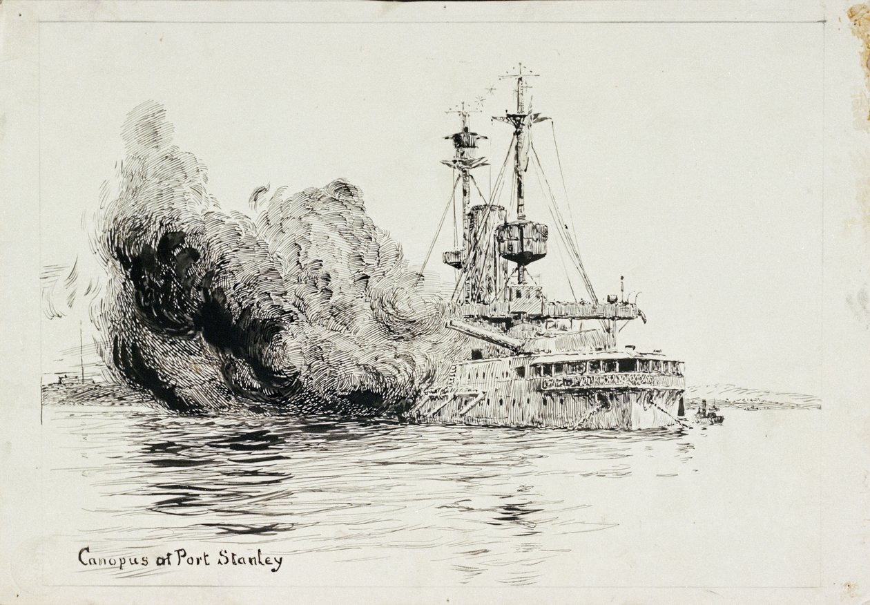 A HMS "Canopus" Port Stanley-nél, a Falkland-szigeteki csata nyitó lövéseit leadva, 1914. december 8. (toll és tinta, fekete mosással, kártyán) alkotó: William Lionel Wyllie
