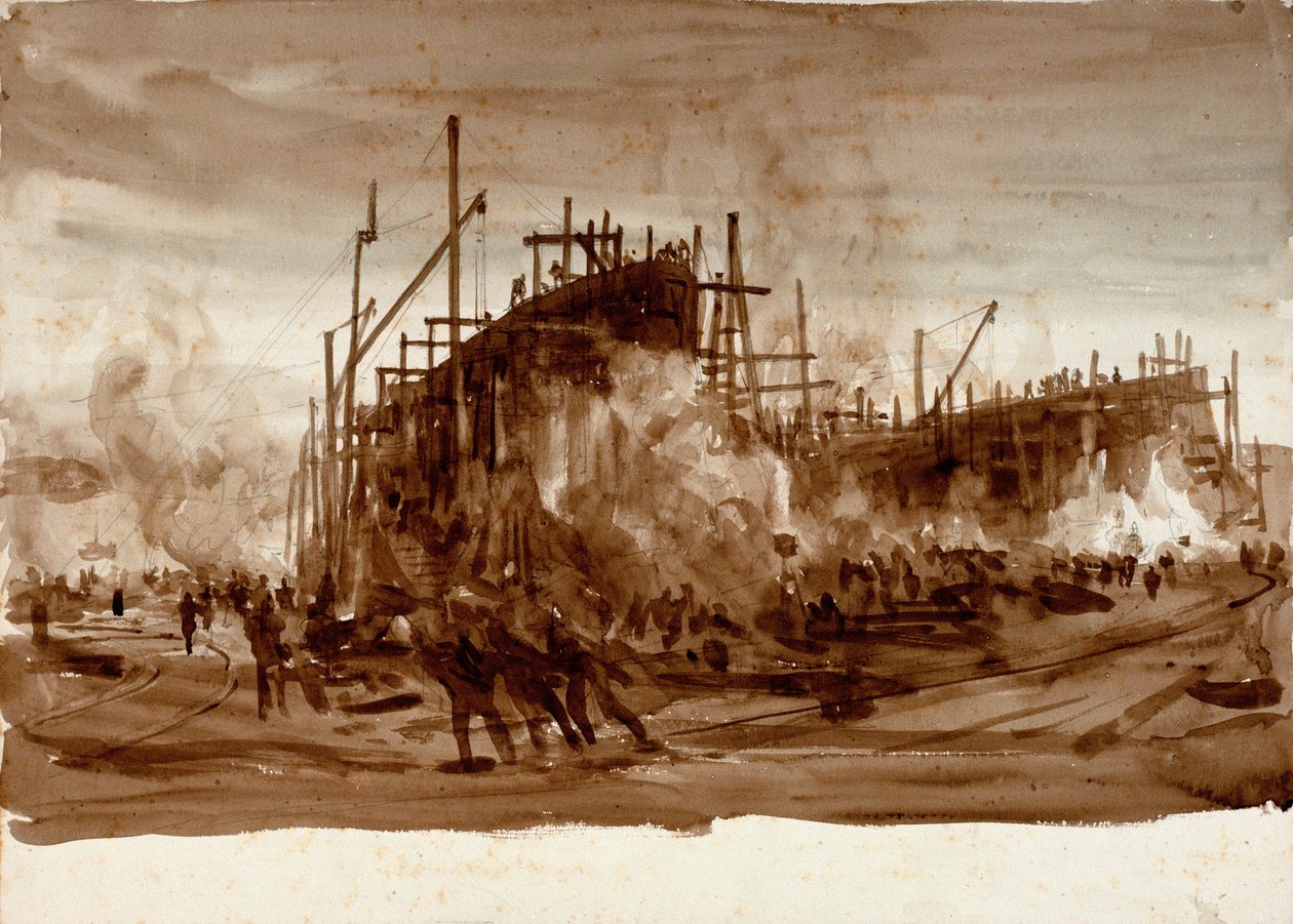 Vashajók a raktárban, 1910 körül (barna mosás) alkotó: William Lionel Wyllie