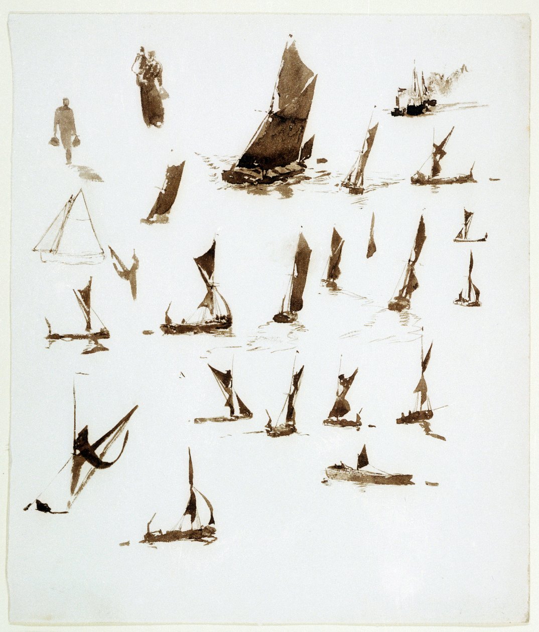 Temzén lakóhajókkal kapcsolatos tanulmányok (Anglia). William Lionel Wyllie (1851-1931) 1890 körüli jegyzetfüzetéből származó gouache. alkotó: William Lionel Wyllie