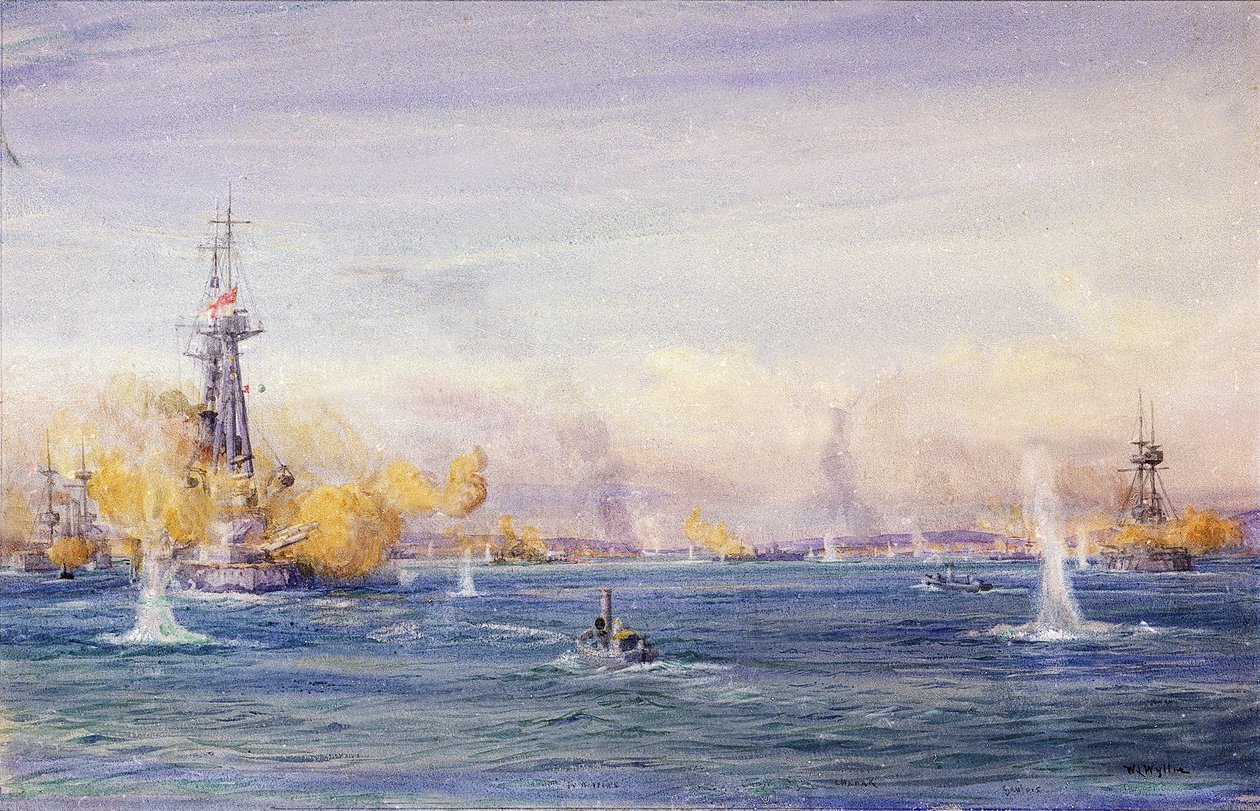 A Dardanelláknál vívott csata (1915) (Törökország), a gallipoli hadjárat során, a Márvány-tengeren. William Lionel Wyllie (1851-1931) akvarellje, 1915 körül. alkotó: William Lionel Wyllie