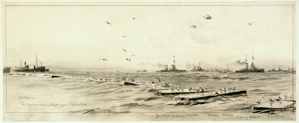 A német nyílt tengeri flotta Scapában, 1918 körül (mosás, szürke, fehérrel kiemelve) alkotó: William Lionel Wyllie