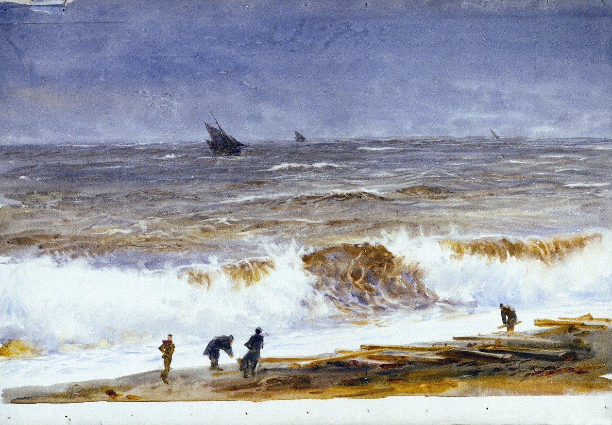 Berck-sur-Mer (Berck-sur-Mer) (Franciaország) strandja, háborgó tengerrel és a parton lévő figurákkal. William Lionel Wyllie (1851-1931) akvarellje, 1890 után. alkotó: William Lionel Wyllie