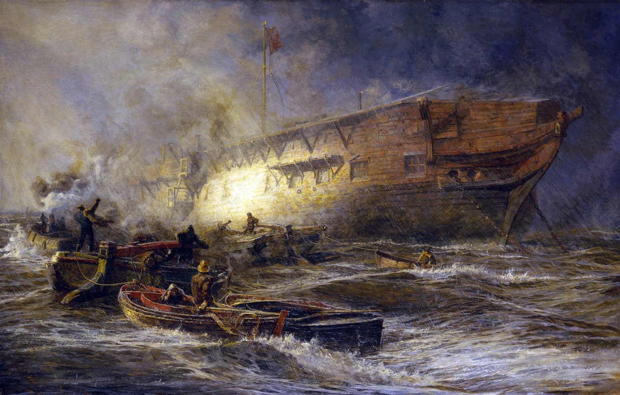 A "Leonidas" fregatt a Medwayen (Anglia), Upnor közelében horgonyzó Upnor fregatt manőverezik a vihar és a nap ellen. Olaj, vászon alkotó: William Lionel Wyllie