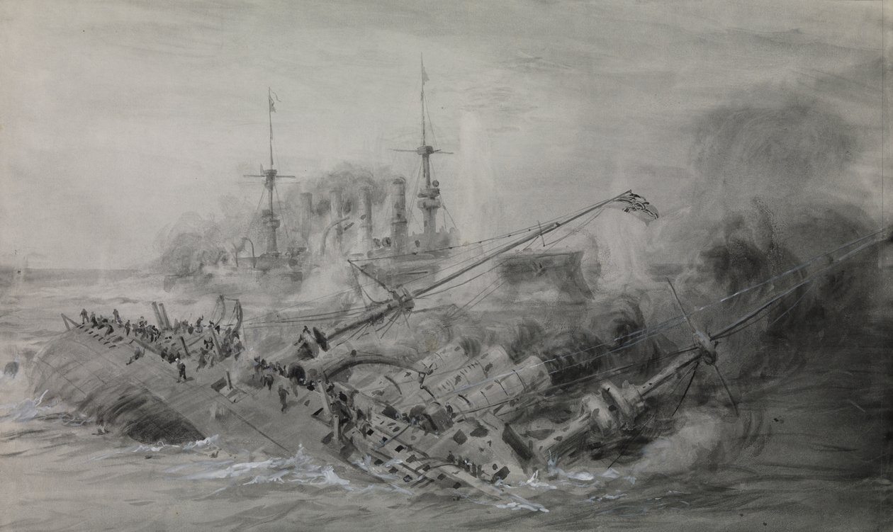 A "Scharnhorst" és a "Gneisenau" utolsó hajója; a Falkland-szigeteki csata, 1914. december 8., 16.15 körül, 1915-18 körül (mosás, szürke, fehérrel kiemelve). alkotó: William Lionel Wyllie