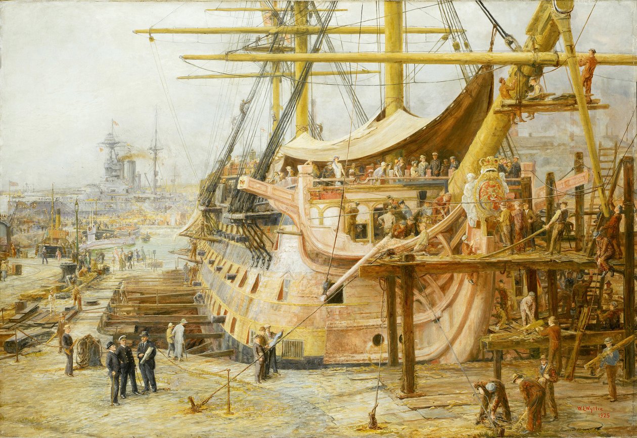 A HMS "Victory" helyreállítása a portsmouthi (Anglia) dokkok medencéjében, miután egy nagyszabású nemzeti finanszírozási akciót indítottak a hajó megmentésére a trafalgari győzelem (1805) emlékére, a hajó 1925 áprilisában került vissza a vízre. alkotó: William Lionel Wyllie