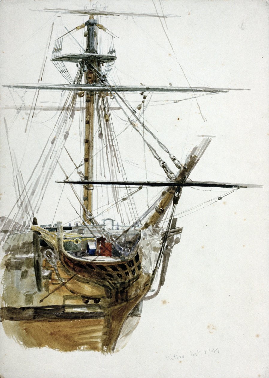 A Victory nevű hajó 1744-ben tűnt el. William Lionel Wyllie (1851-1931) akvarellje, 1900 körül. alkotó: William Lionel Wyllie