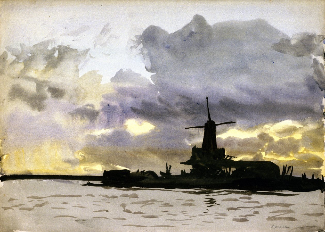 A szélmalom Zaandamban, Amszterdamtól északra (Hollandia). Akvarell alkotó: William Lionel Wyllie