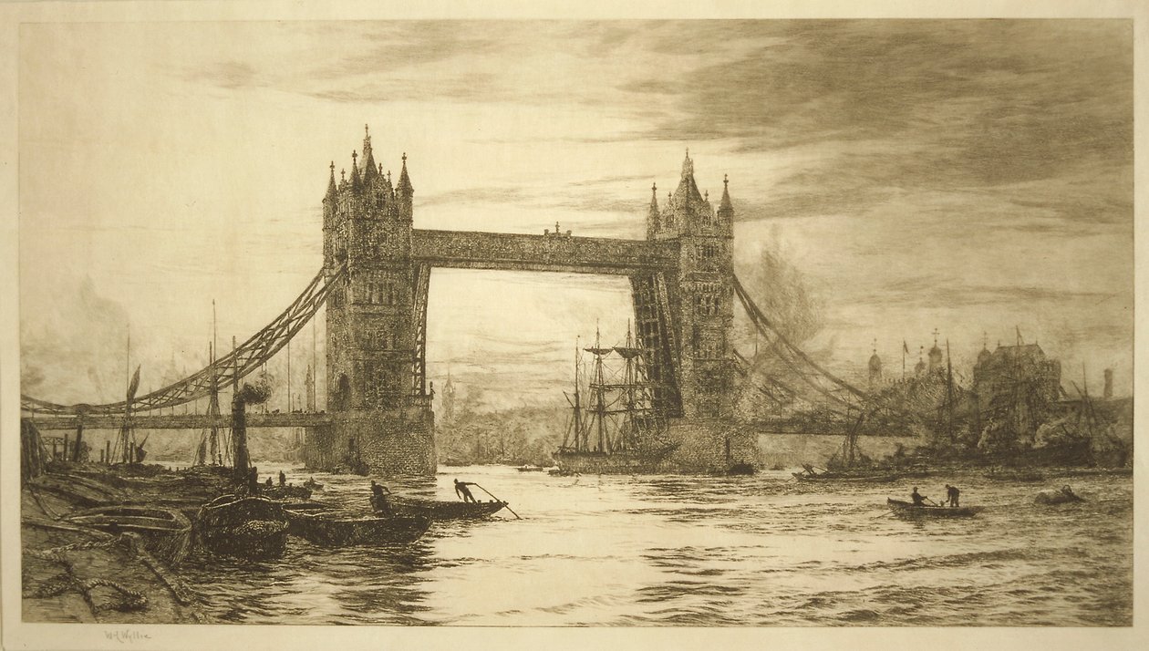 Tower Bridge a Temze folyó felől nézve, London, 1894-1931 alkotó: William Lionel Wyllie