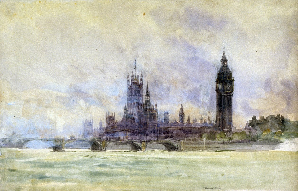 A Westminster-híd, a Parlament és a Big Ben Londonban (Anglia). William Lionel Wyllie (1851-1931) akvarellje, 19. század vége, 20. század eleje. alkotó: William Lionel Wyllie