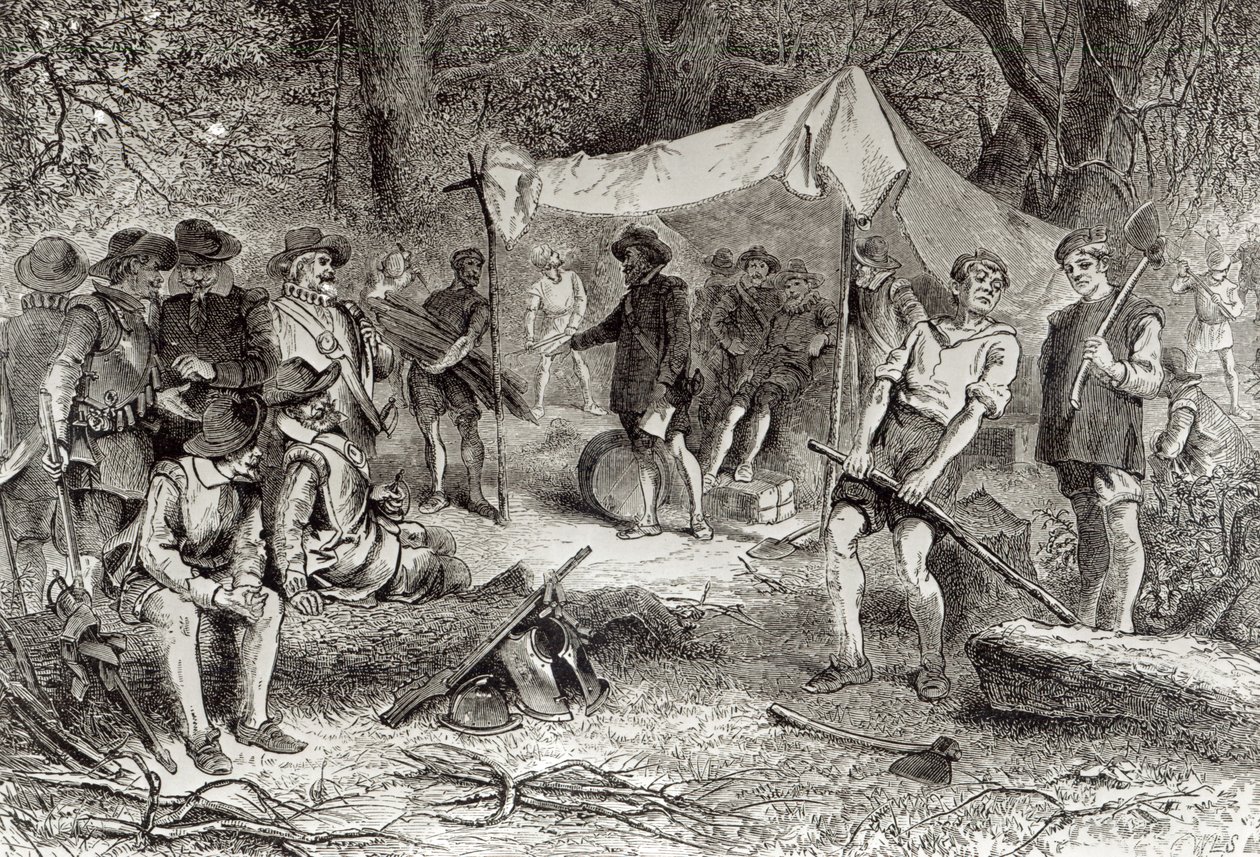 Az első nap Jamestownban, 1607. május 14., Augustus L. Mason "The Romance and Tragedy of Pioneer Life" című művéből, 1883 (metszet) (bundw fotó) alkotó: William Ludlow Sheppard
