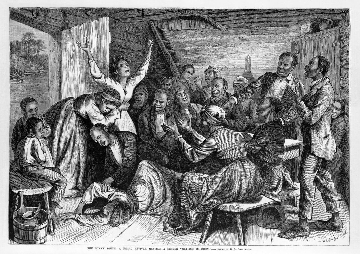 A Napsütötte Dél - ébredési találkozó - kereső "vallásszerzés", kocsma. 1873 alkotó: William Ludlow Sheppard