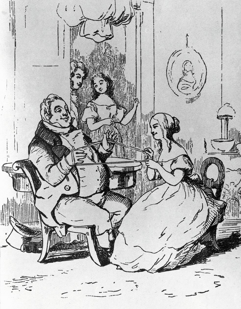 Joseph Sedley úr belegabalyodott Becky Sharpba, illusztráció a Vanity Fair 1. fejezetéhez, William Makepeace Thackeray (1811-1863) regénye, metszet William Makepeace Thackeray (1811-1863) rajza után, 1882-ben Chicagóban megjelent alkotó: William Makepeace Thackeray