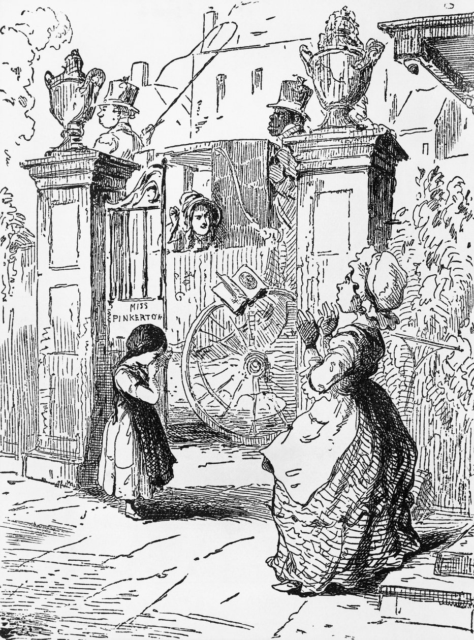 Rebecca búcsúja, I. fejezet, illusztráció a Vanity Fair számára, William Makepeace Thackeray (1811-1863) regénye, metszet William Makepeace Thackeray (1811-1863) rajza után, 1882-ben, Chicago alkotó: William Makepeace Thackeray