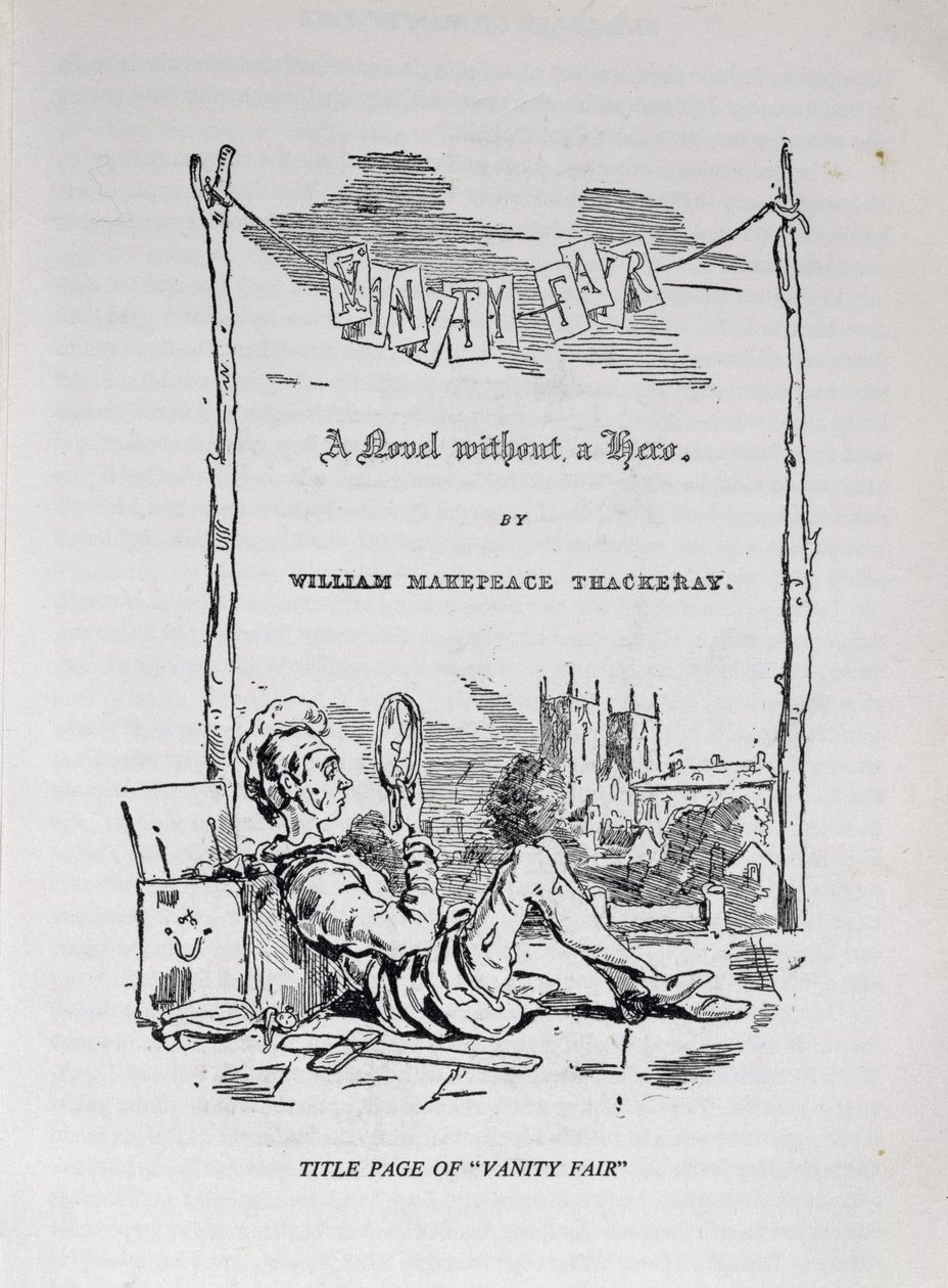 A "Vanity Fair, egy hős nélküli regény" címlapja a művész és a szerző önarcképével, kocsma. 1848 alkotó: William Makepeace Thackeray
