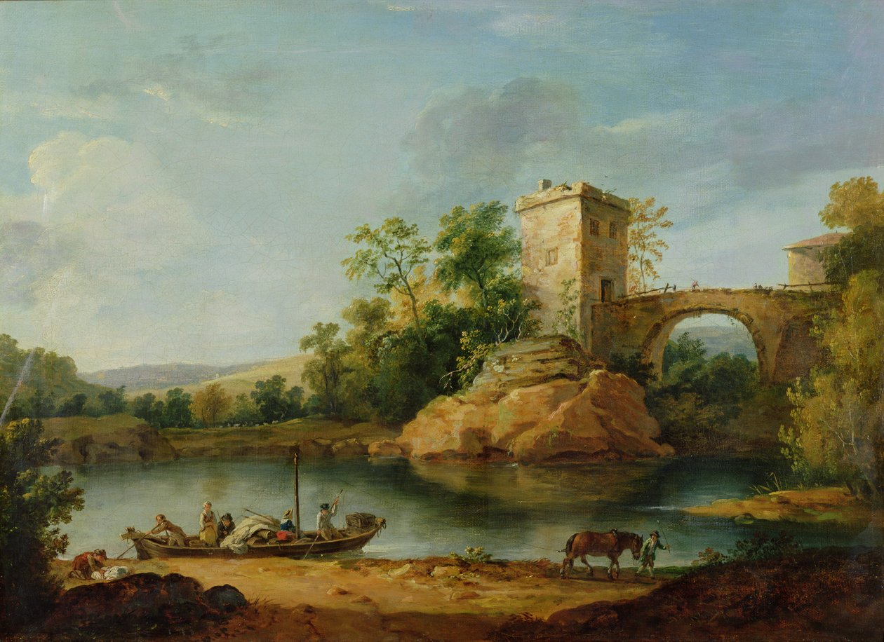 Erdős olaszországi folyótáj parasztokkal egy bárkában és egy hídon túl, 1770 körül (akvarell) alkotó: William Marlow