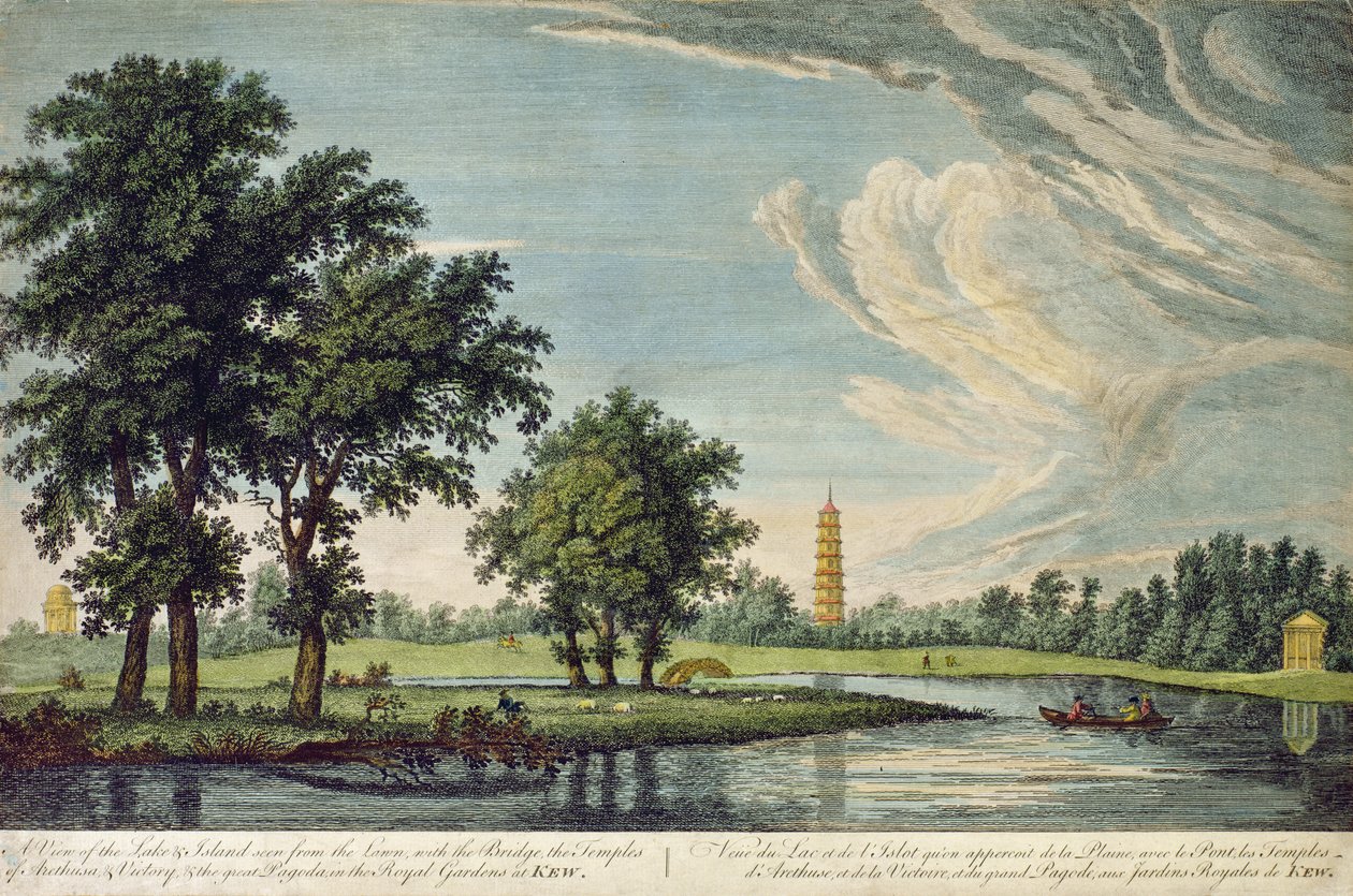 Kew, Kilátás a tóra és a szigetre a gyepről, a híddal, Arethusa és Victory templomaival, valamint a Kew-i királyi kertben lévő Nagy pagodával alkotó: William Marlow