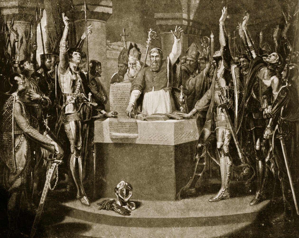 A bárók esküje, 1214, illusztráció a Hutchinsons Story of the British Nation című könyvéből, 1920 körül alkotó: William Martin