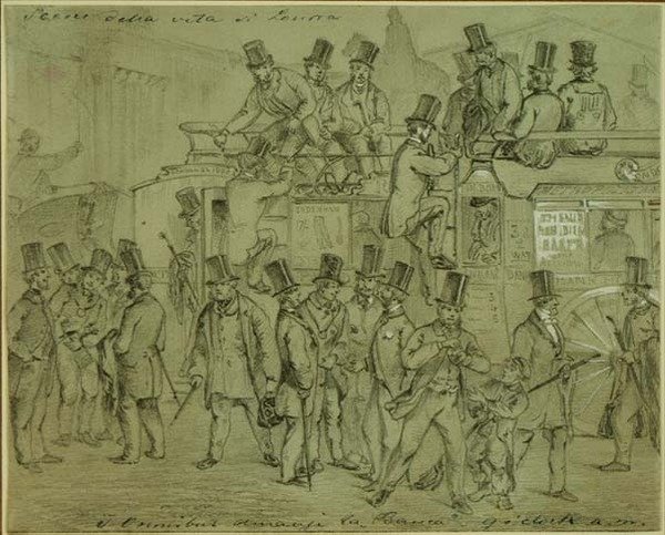 Omnibuszok a Bankban, reggel kilenckor, a Bank of Englandhez érkező hivatalnokok alkotó: William McConnell