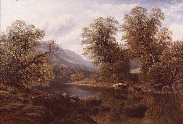 Táj folyóval és szarvasmarhával (olaj, vászon) alkotó: William Mellor