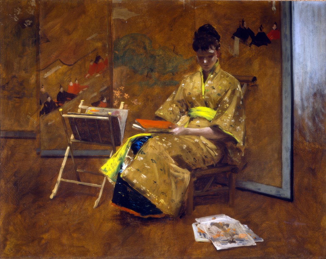 Egy lány japán ruhában. A kimonó kb. 1887. alkotó: William Merritt Chase