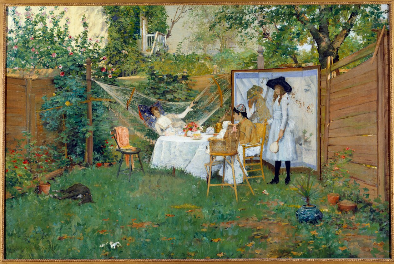 Reggeli a szabadban 1888 körül Fiatal nők a kertben, egyikük függőágyban. William Merritt Chase (1849-1916) festménye 1888 Toledo. Művészeti Múzeum alkotó: William Merritt Chase