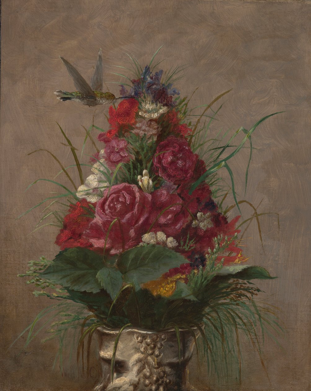 Virágcsendélet kolibrival alkotó: William Merritt Chase