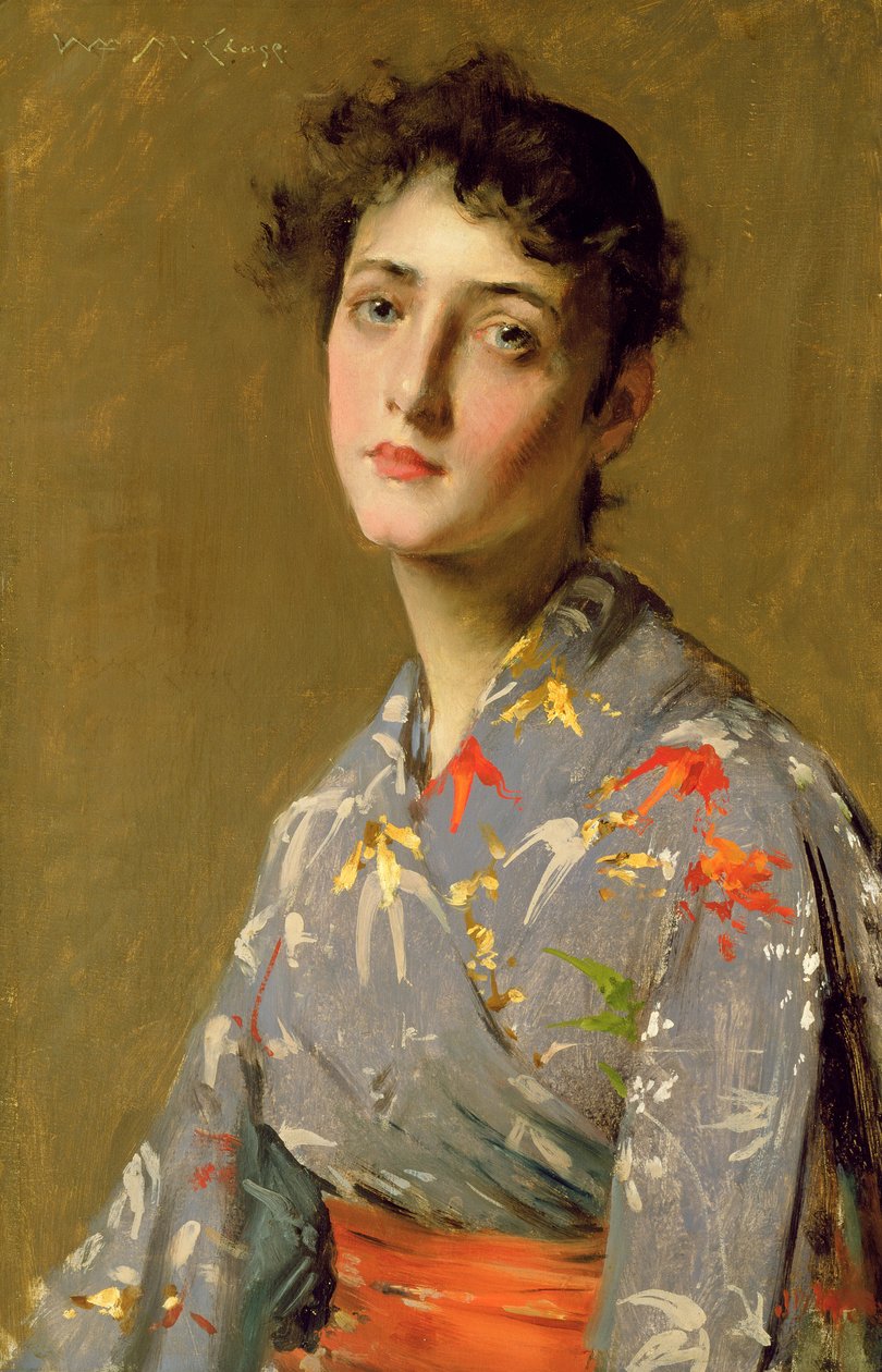 Lány japán jelmezben, 1888 körül (olaj, vászon) alkotó: William Merritt Chase