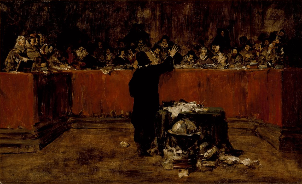 Vázlat egy képhez - Kolumbusz a salamancai tanács előtt (B) (Kolumbusz Kristóf a spanyol tanács előtt) alkotó: William Merritt Chase