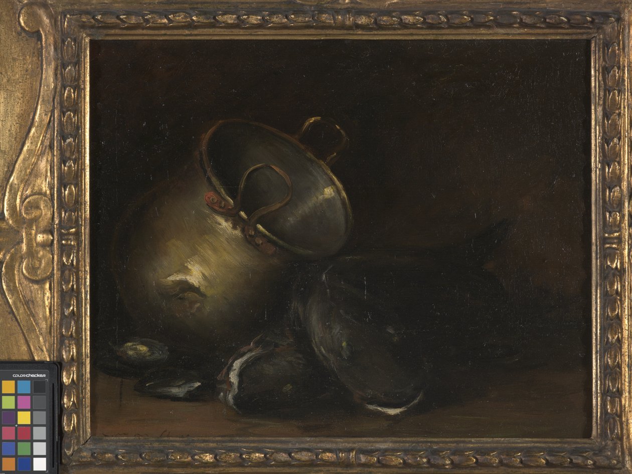 Csendélet – Sárgaréz vízforraló és harcsa (olaj, vászon) alkotó: William Merritt Chase